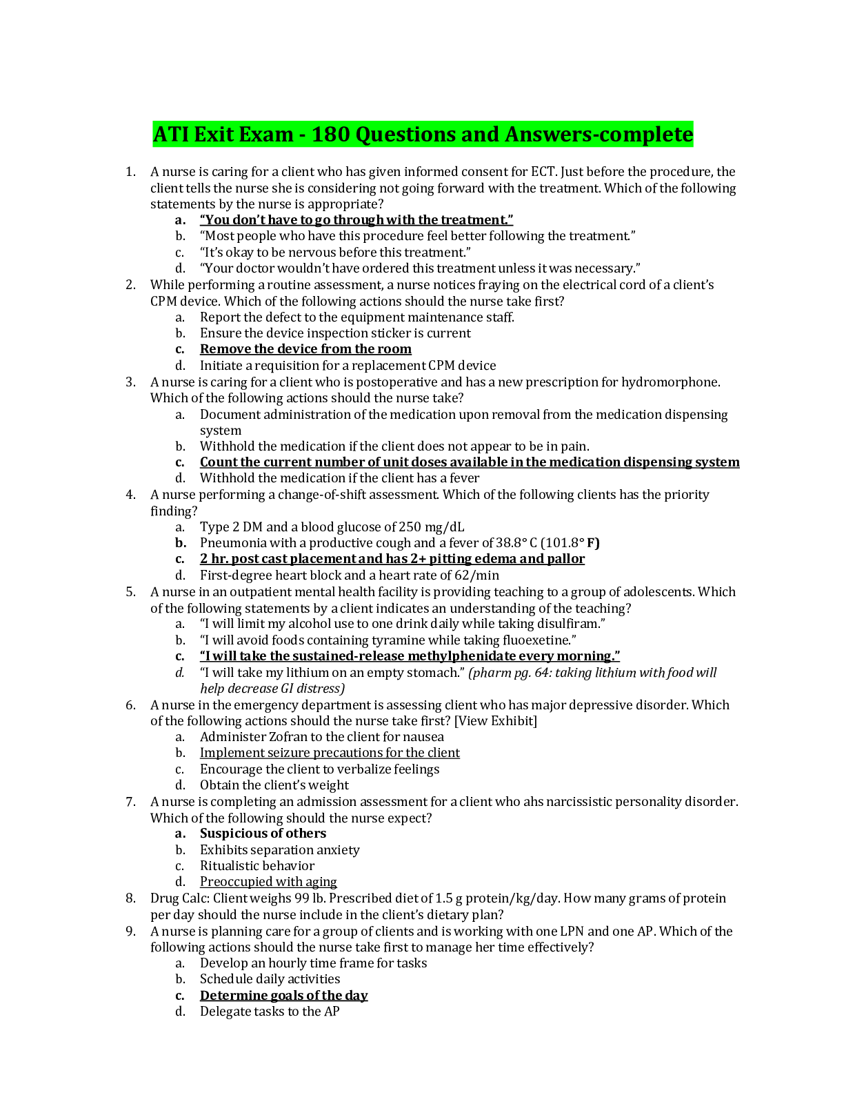 ATI Exit Exam 180 Questions and Browsegrades